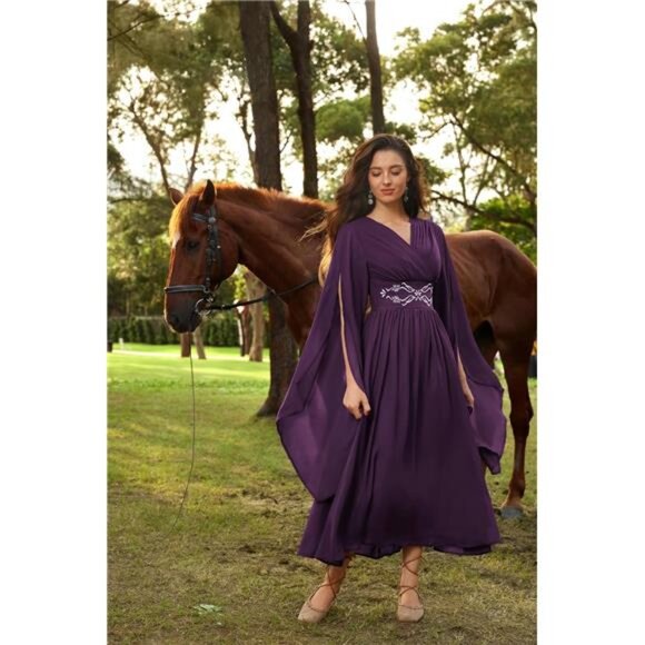 Women's Renaissance Costume Wrap V Neck Medieval Dress Purple - Picture 4 of 7